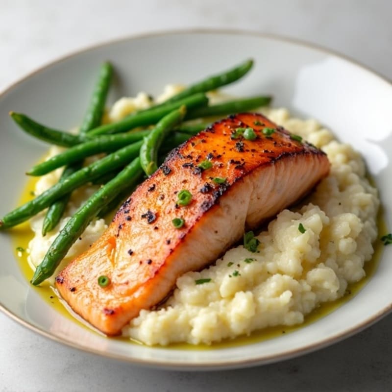 Seared Salmon with Steamed Green Beans and Cauliflower Mash