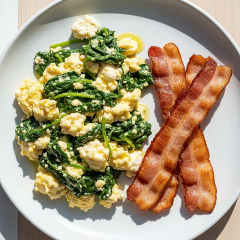Cottage Cheese Egg Scramble with Sautéed Spinach and Turkey Bacon