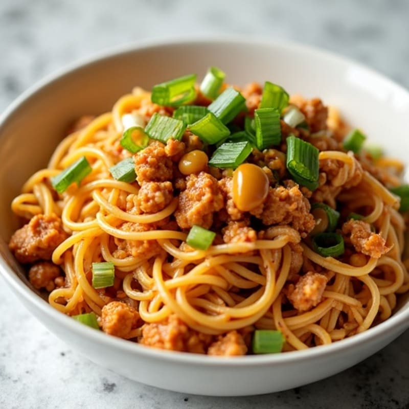 Creamy Spicy Peanut Sesame Ground Chicken with Whole Wheat Noodles