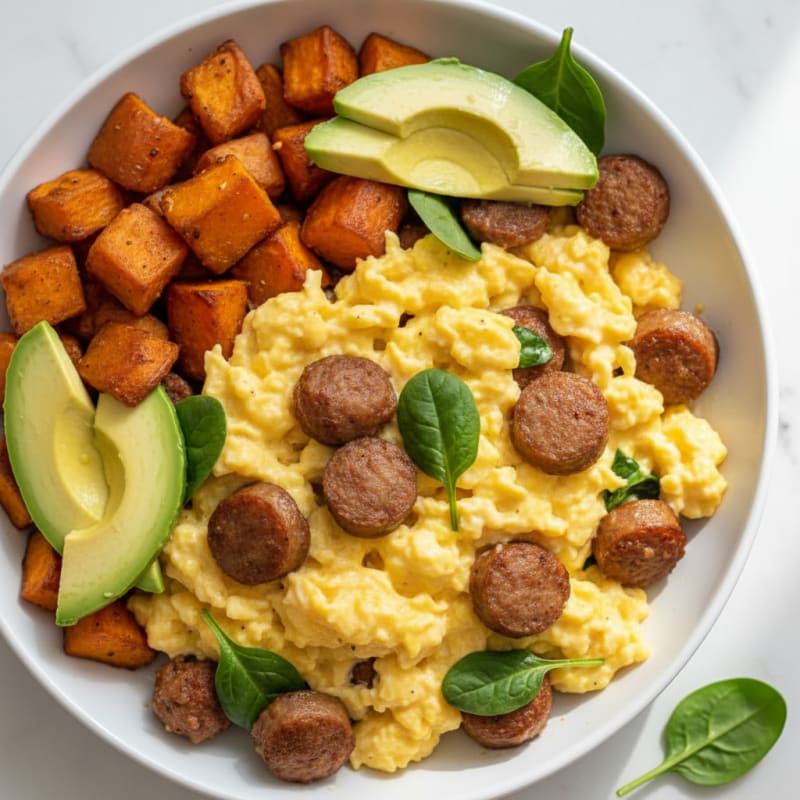Creamy Scrambled Eggs with Turkey Sausage and Roasted Sweet Potatoes