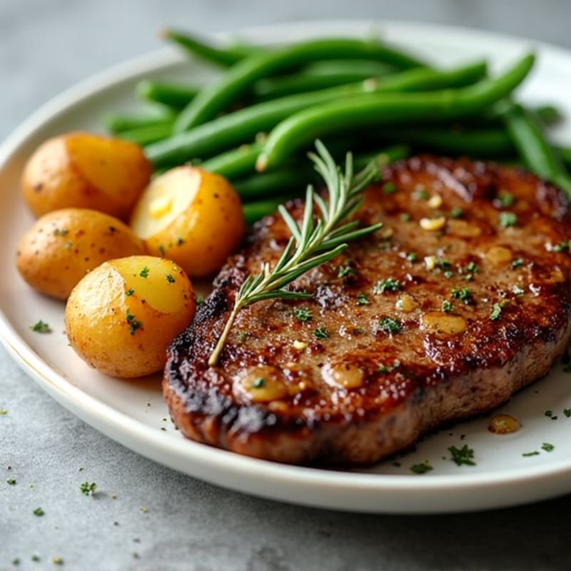Garlic Herb Pan-Seared Steak with Crispy Roasted Potatoes and Green Beans