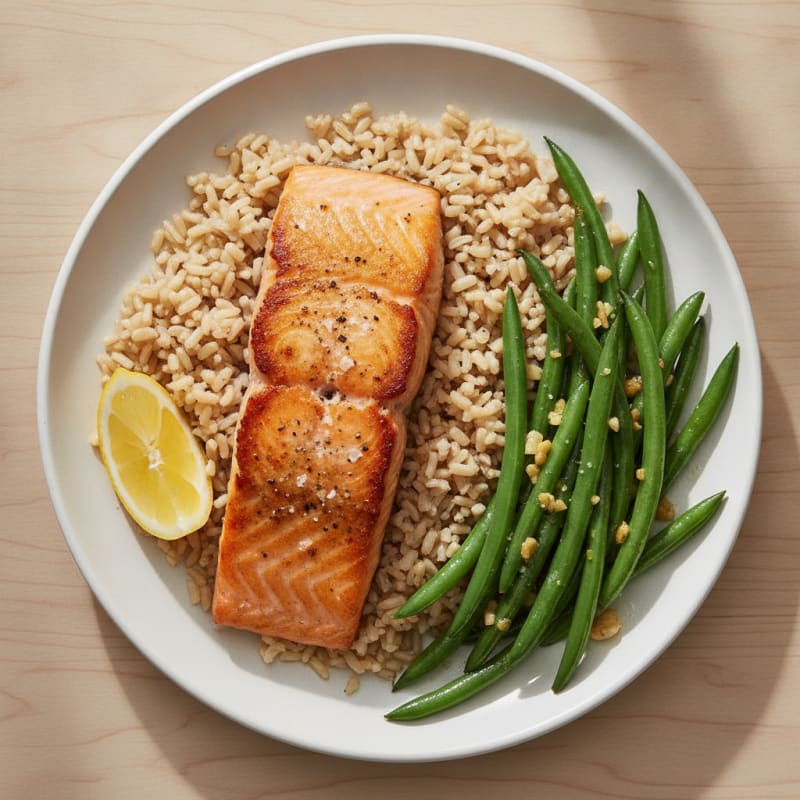 Seared Salmon with Garlic Green Beans and Brown Rice