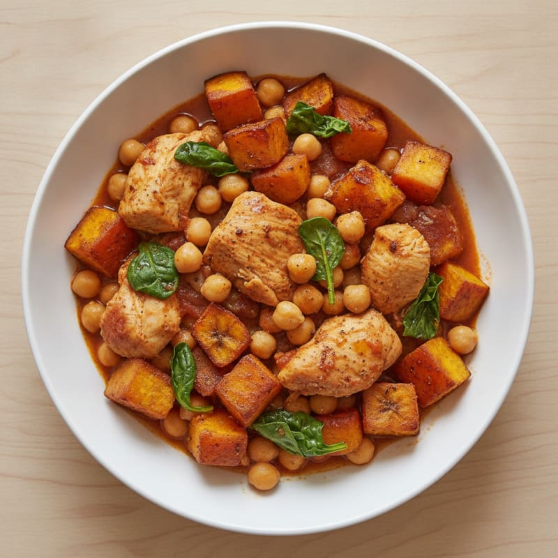 Braised Chickpeas with Roasted Sweet Potato and Plantain