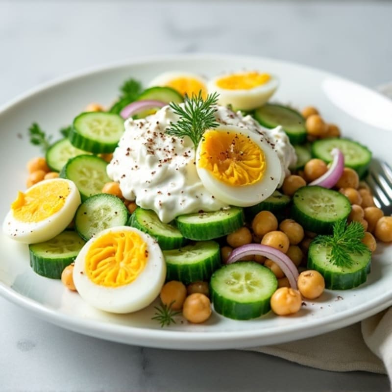 Fresh Cucumber Salad with Greek Yogurt, Chickpeas, and Egg