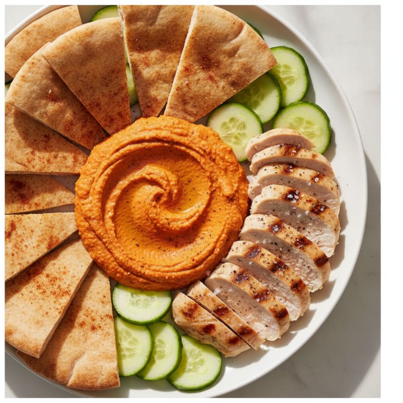Roasted Red Pepper Hummus with Pita and Grilled Chicken