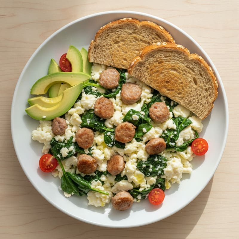 Egg White and Spinach Scramble with Turkey Sausage