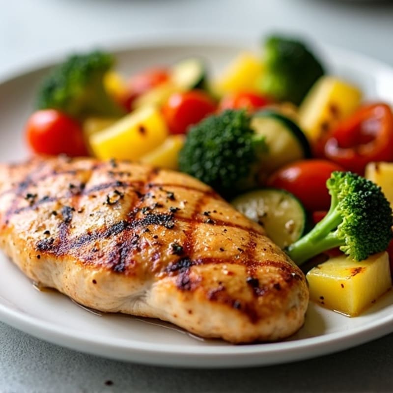 Seared Chicken Breast with Roasted Mixed Vegetables and Pineapple