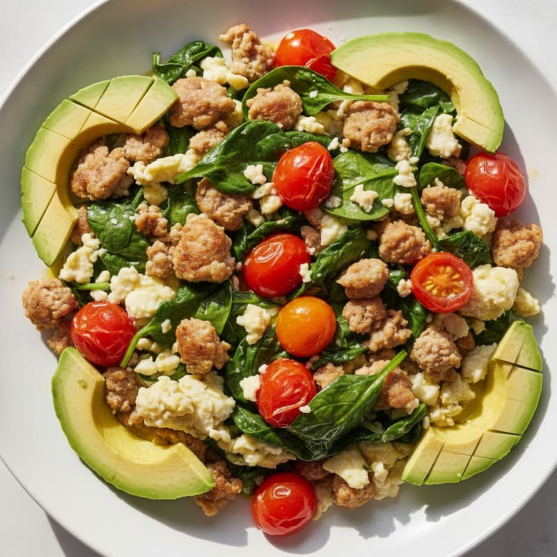 Egg White and Turkey Sausage Scramble with Spinach and Tomatoes