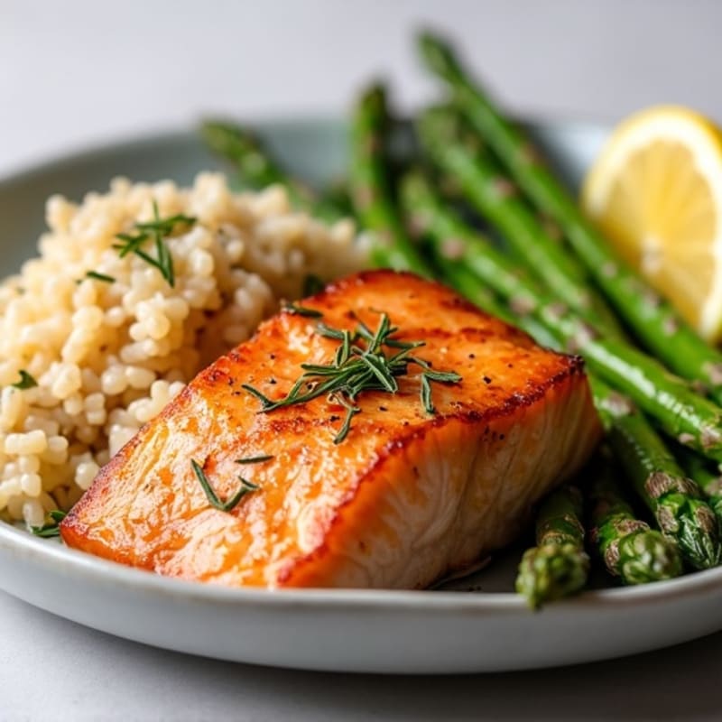Seared Salmon Fillet with Herb-Roasted Asparagus and Brown Rice