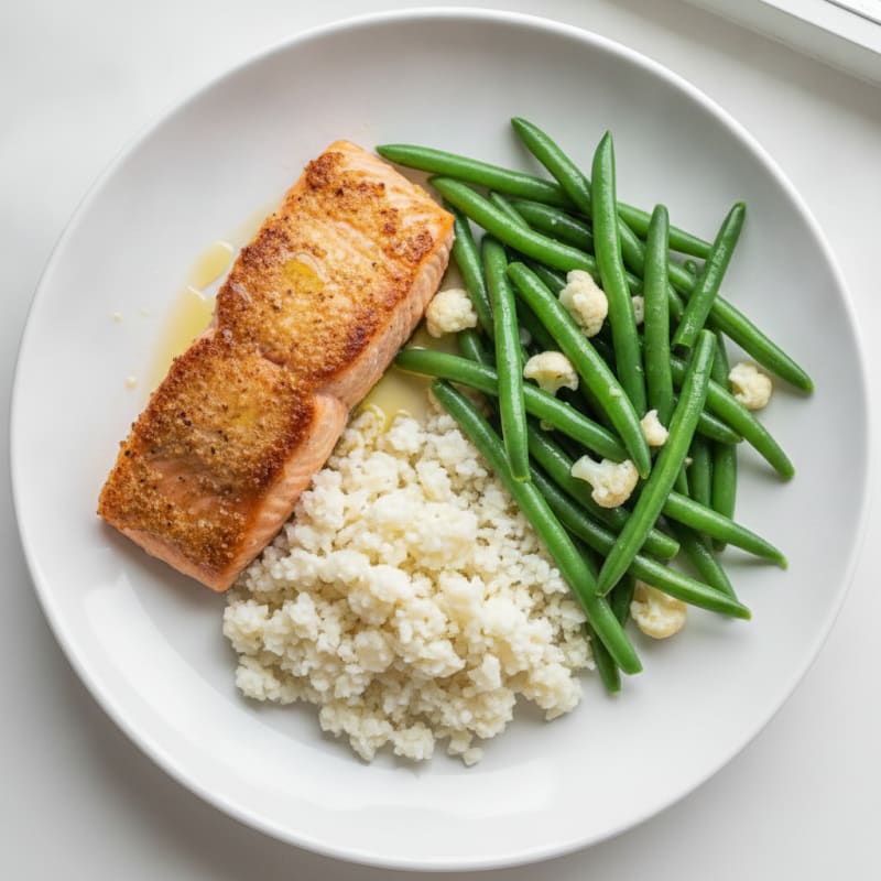 Seared Salmon Fillet with Steamed Green Beans and Cauliflower Rice