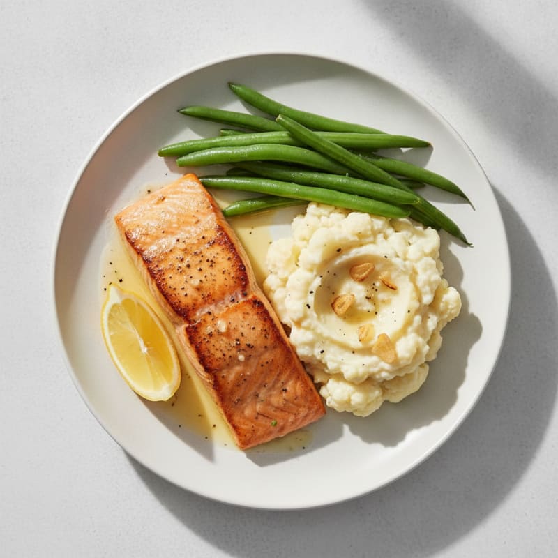 Seared Salmon Fillet with Steamed Green Beans and Garlic Mashed Cauliflower