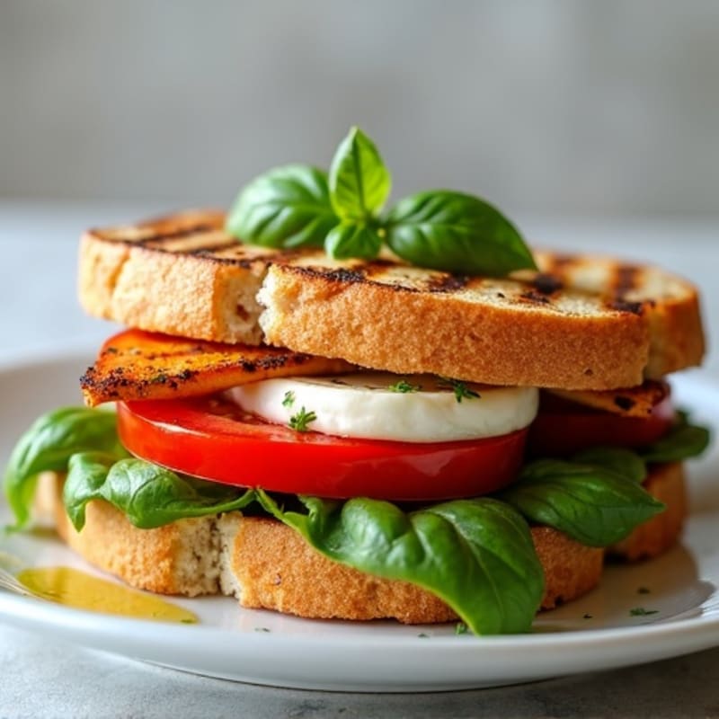 Grilled Tomato, Fresh Mozzarella, and Basil Sandwich with Grilled Chicken