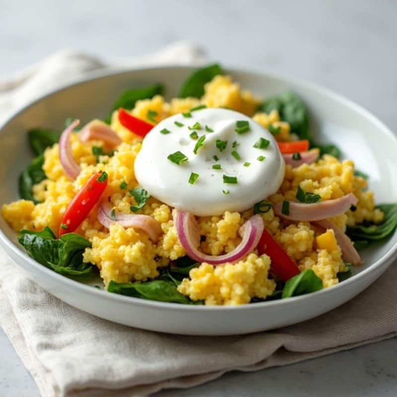 Egg White Veggie Scramble with Greek Yogurt and Sliced Turkey