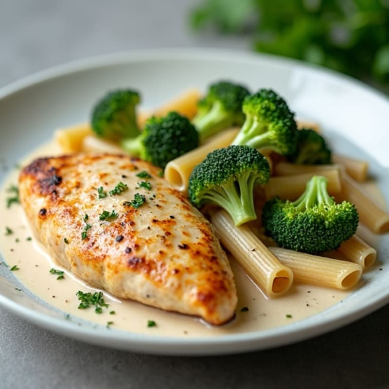 Creamy Garlic Chicken with Roasted Broccoli and Whole Wheat Penne