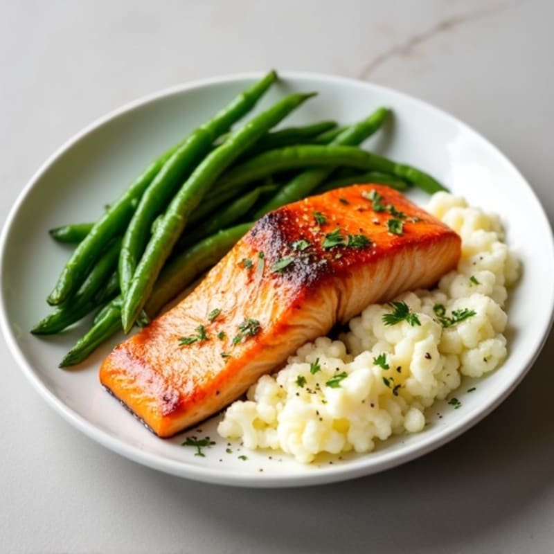 Seared Salmon with Steamed Green Beans and Garlic Mashed Cauliflower