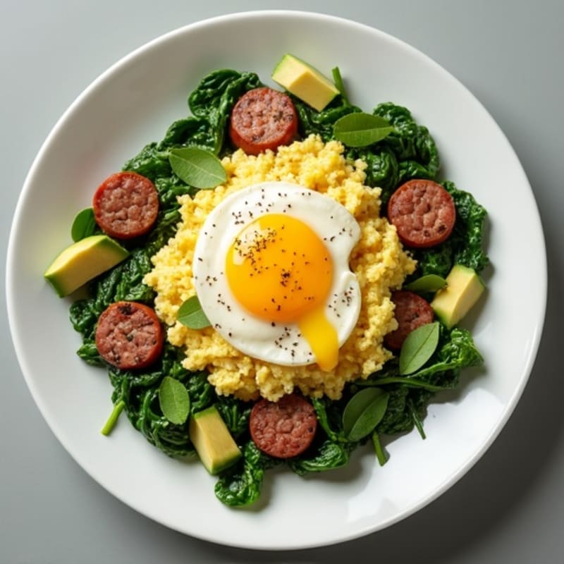 Egg White and Turkey Sausage Scramble with Wilted Spinach