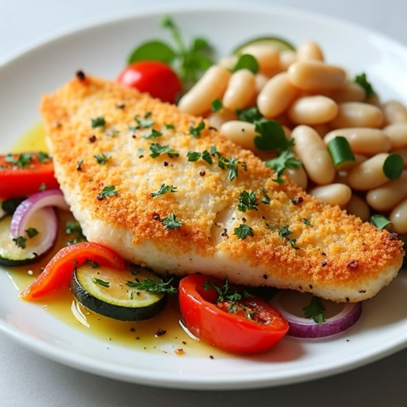 Crispy White Fish with Roasted Vegetables and Herb Beans