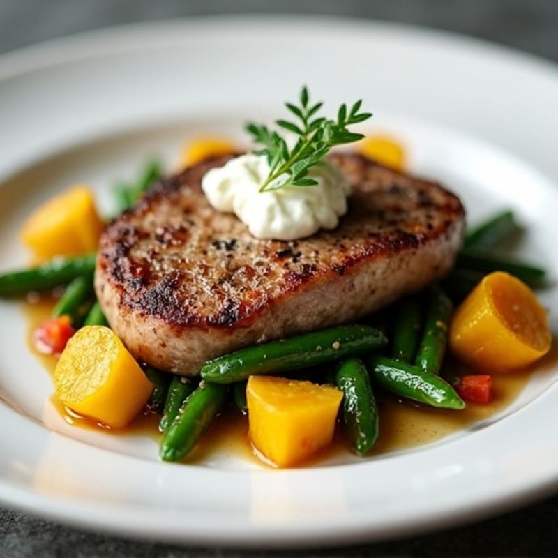 Lean Steak with Roasted Green Beans, Squash & Farmers Cheese