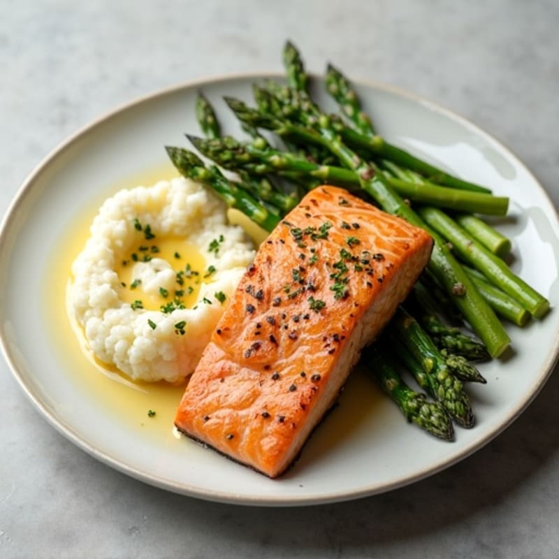 Seared Salmon with Steamed Asparagus and Cauliflower Mash