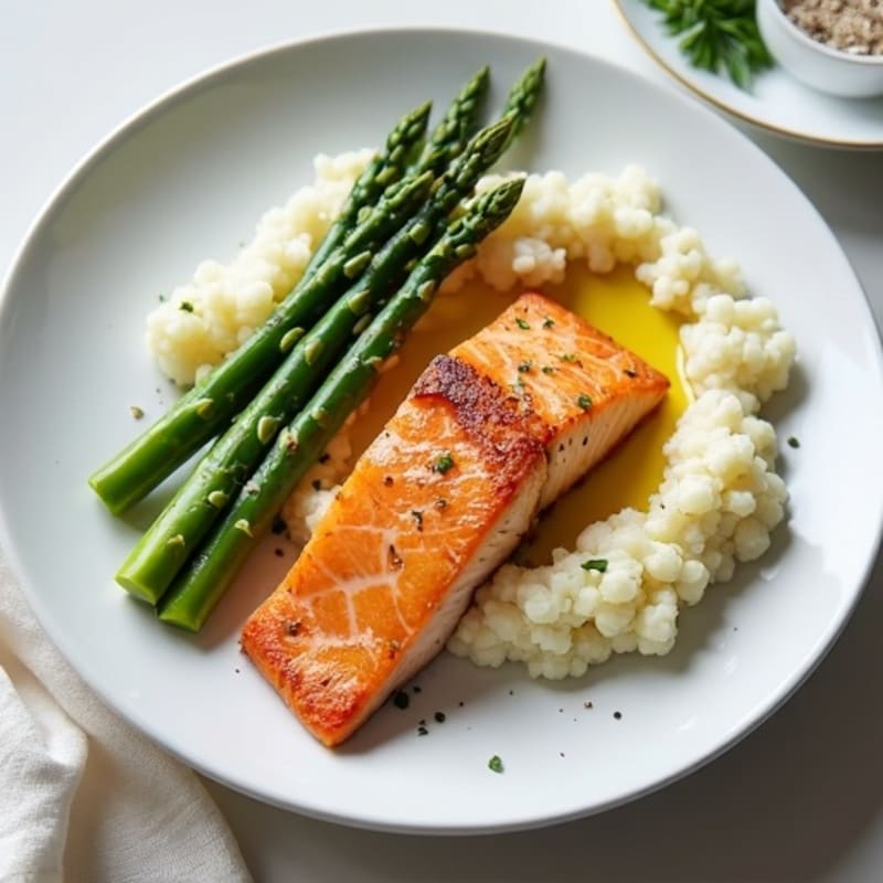 Seared Salmon Fillet with Steamed Asparagus and Garlic Mashed Cauliflower