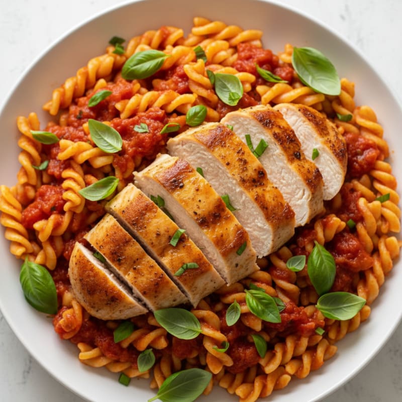 Seared Chicken Breast with Chickpea Pasta and Tomato Basil Sauce