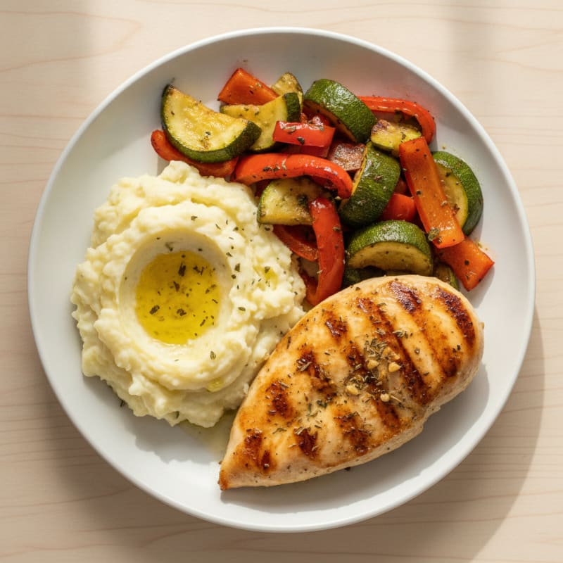 Grilled Chicken Breast with Roasted Vegetables and Mashed Potatoes