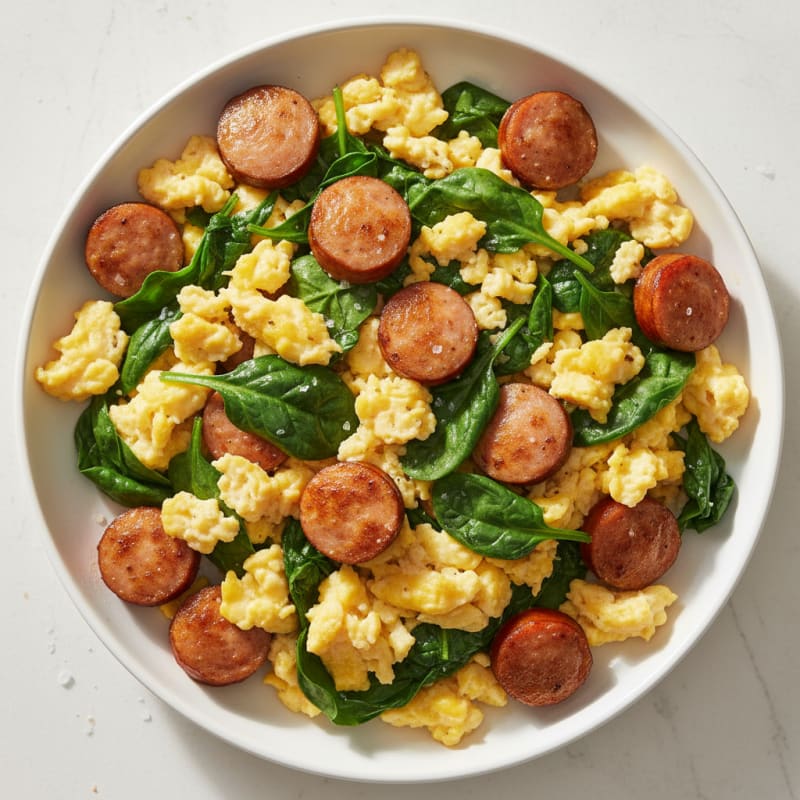 Scrambled Eggs with Chicken Sausage and Spinach