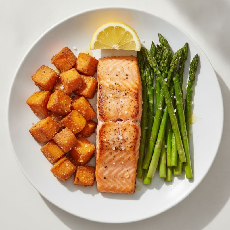 Seared Salmon with Roasted Sweet Potato and Asparagus