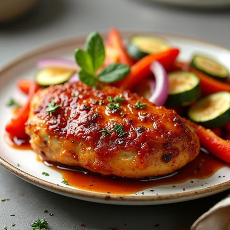 Crispy Baked Spicy BBQ Chicken with Roasted Vegetables