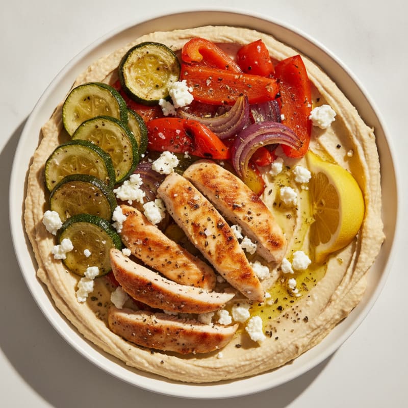 Mediterranean Hummus Platter with Roasted Vegetables and Feta