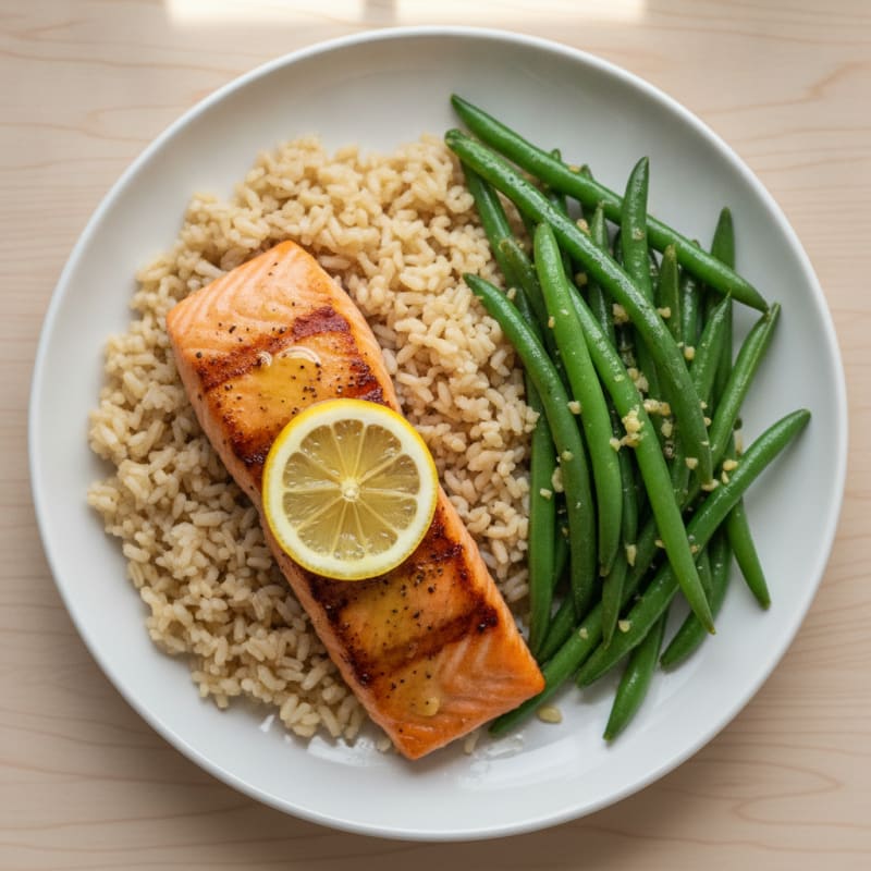 Seared Salmon Fillet with Garlic Green Beans and Brown Rice