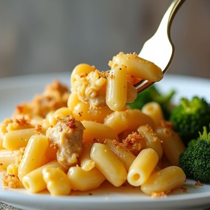High-Protein Baked Mac & Cheese with Chicken and Roasted Broccoli