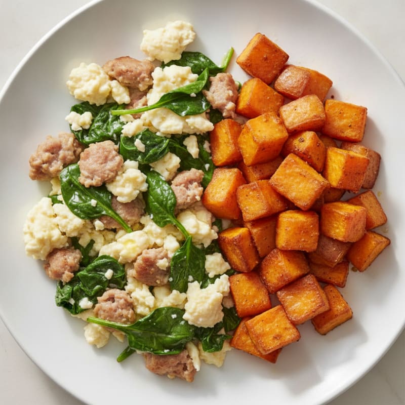 Egg White and Turkey Sausage Scramble with Spinach and Roasted Sweet Potato