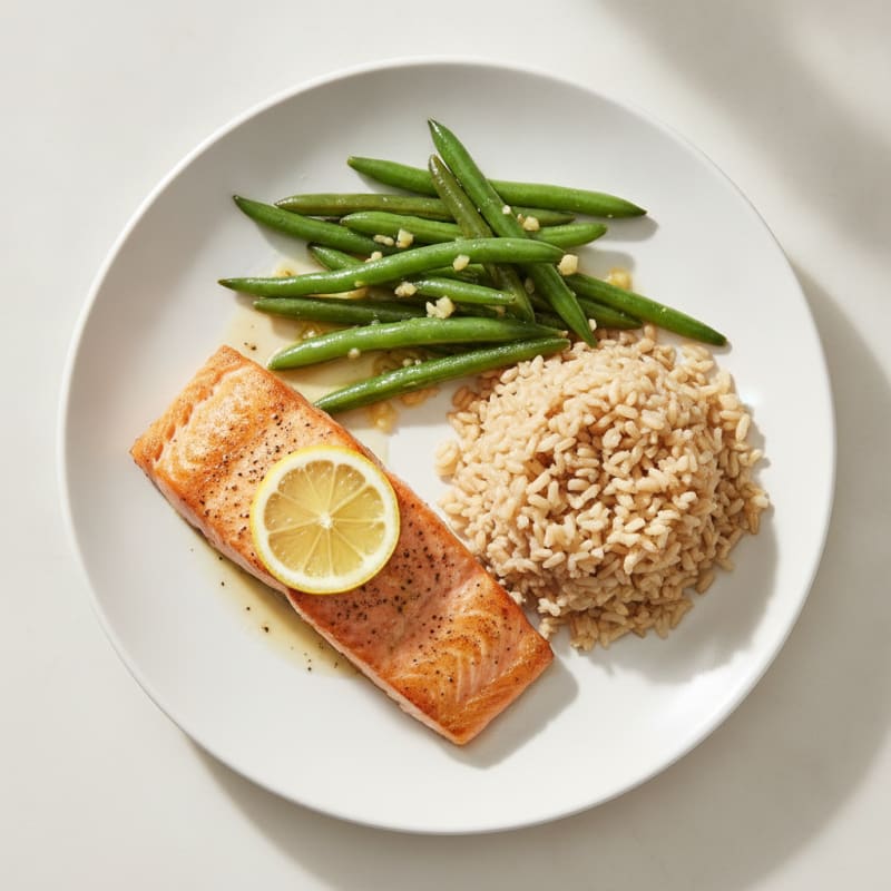 Seared Salmon with Garlic Green Beans and Brown Rice