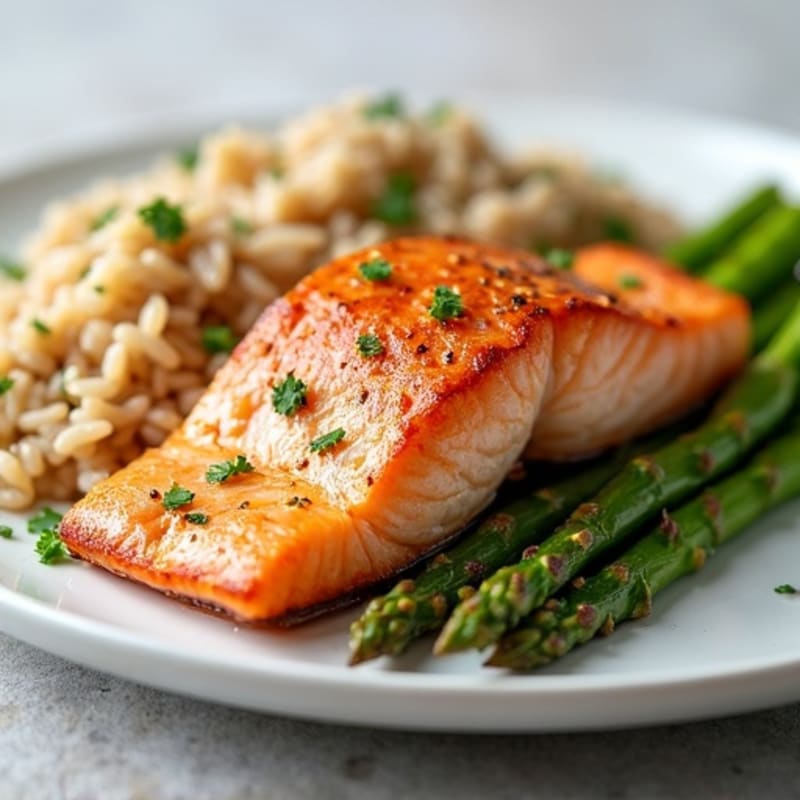 Seared Salmon with Steamed Asparagus and Brown Rice