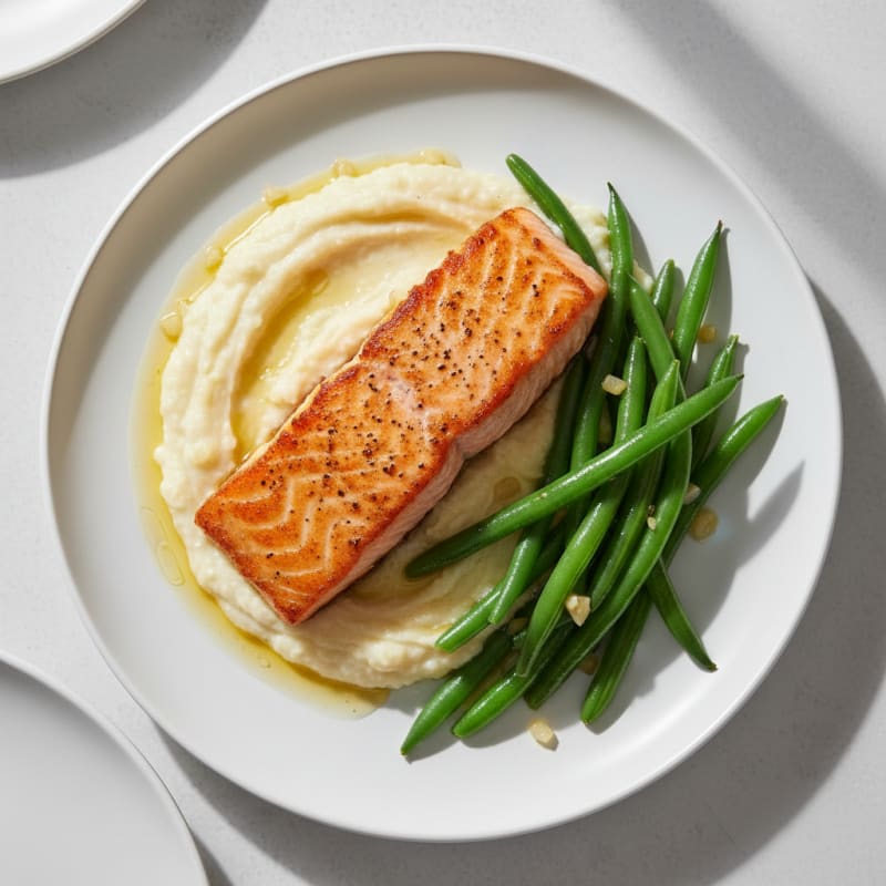 Seared Salmon Fillet with Steamed Green Beans and Garlic Cauliflower Mash