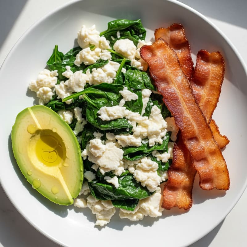 Scrambled Egg Whites with Sautéed Spinach and Turkey Bacon