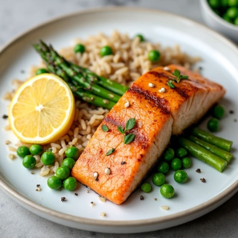 Seared Salmon with Steamed Asparagus, Brown Rice, and Green Peas