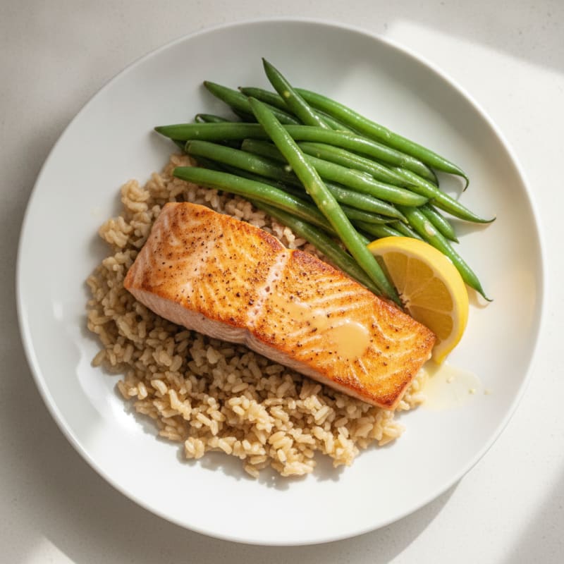 Seared Salmon Fillet with Steamed Green Beans and Brown Rice