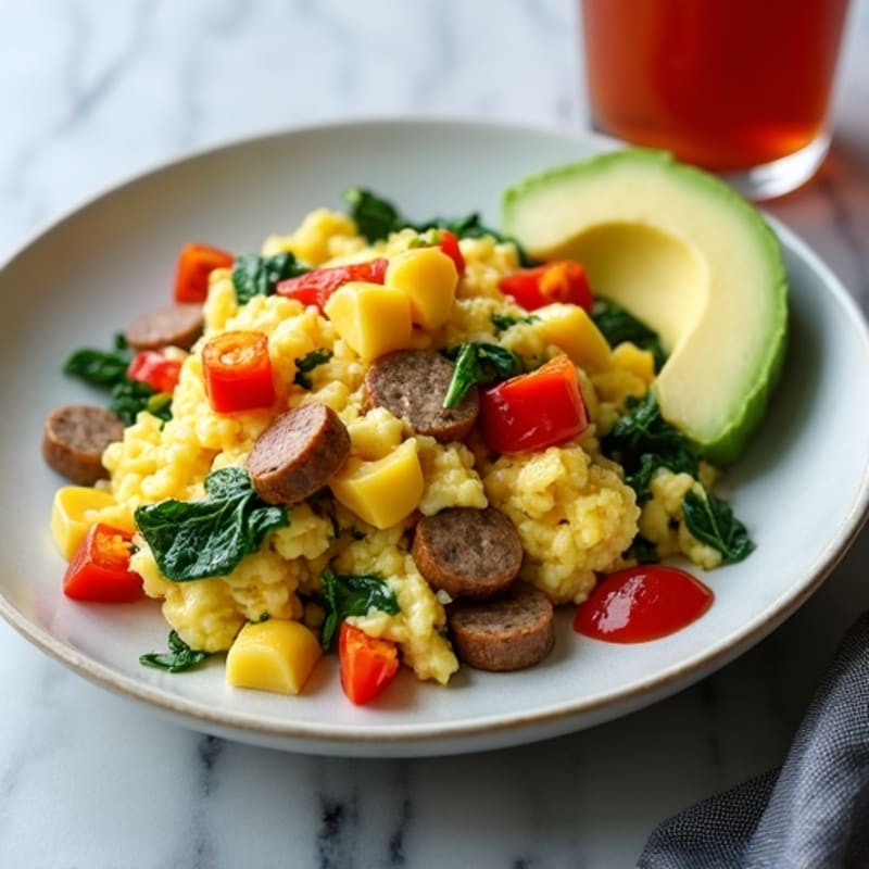 Egg White Spinach Scramble with Turkey Sausage and Sautéed Peppers