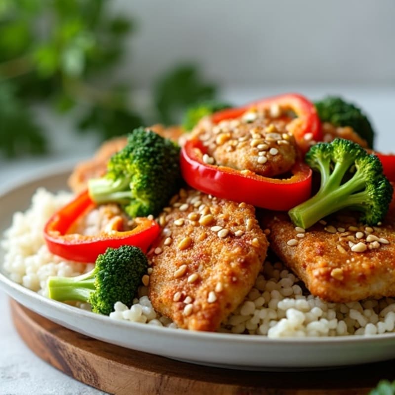 Crispy Sesame Chicken with Stir-Fried Broccoli and Bell Peppers