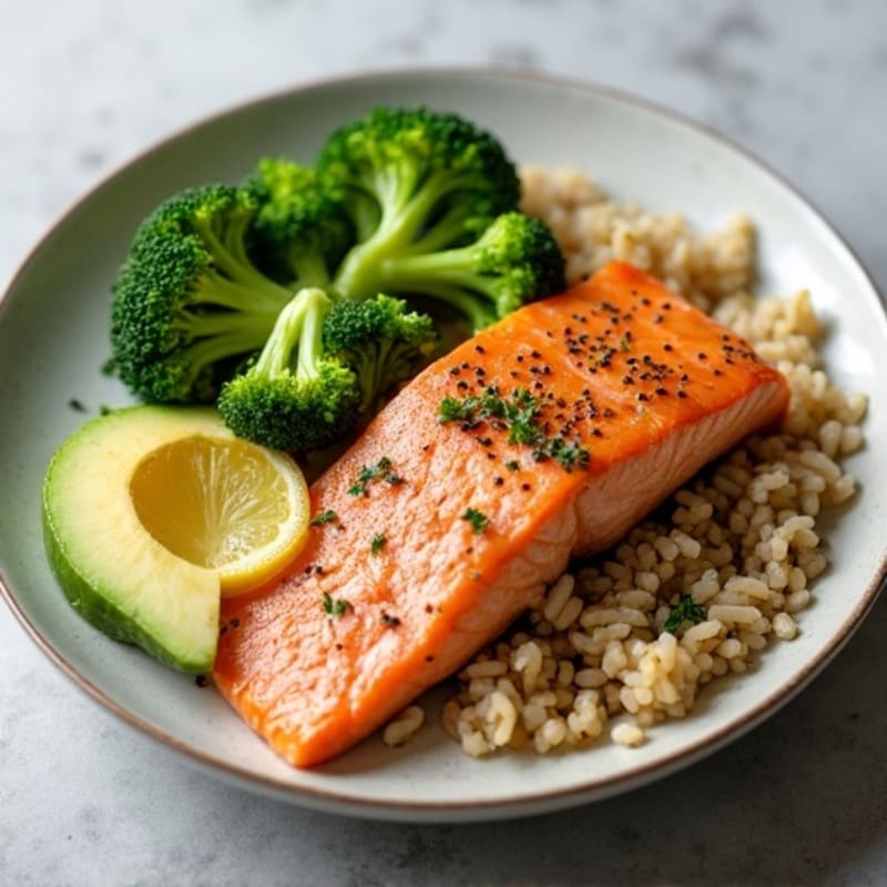 Seared Salmon with Steamed Broccoli and Brown Rice
