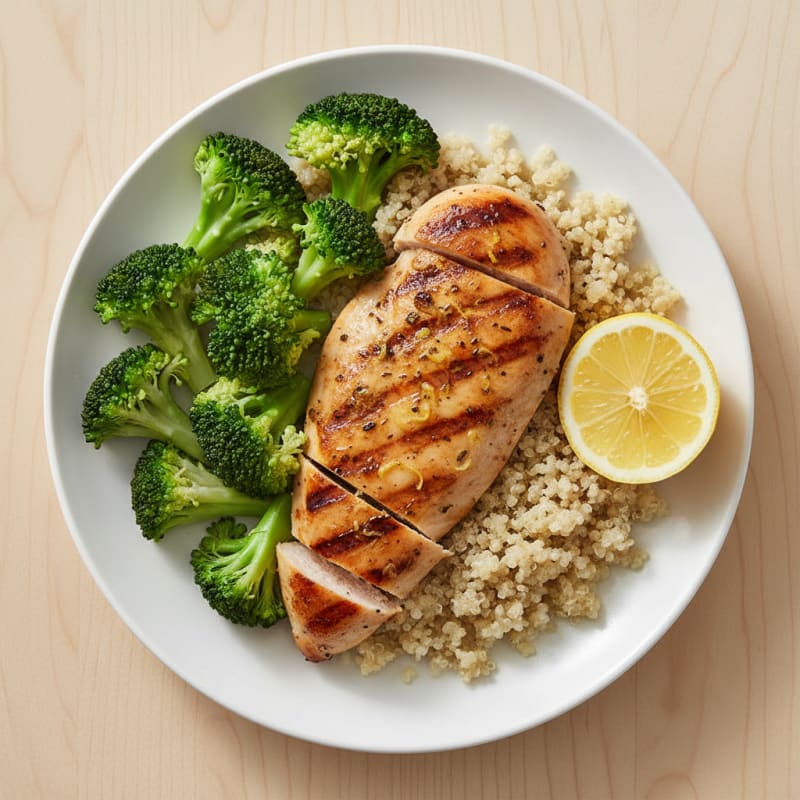 Grilled Chicken Breast with Steamed Broccoli and Quinoa