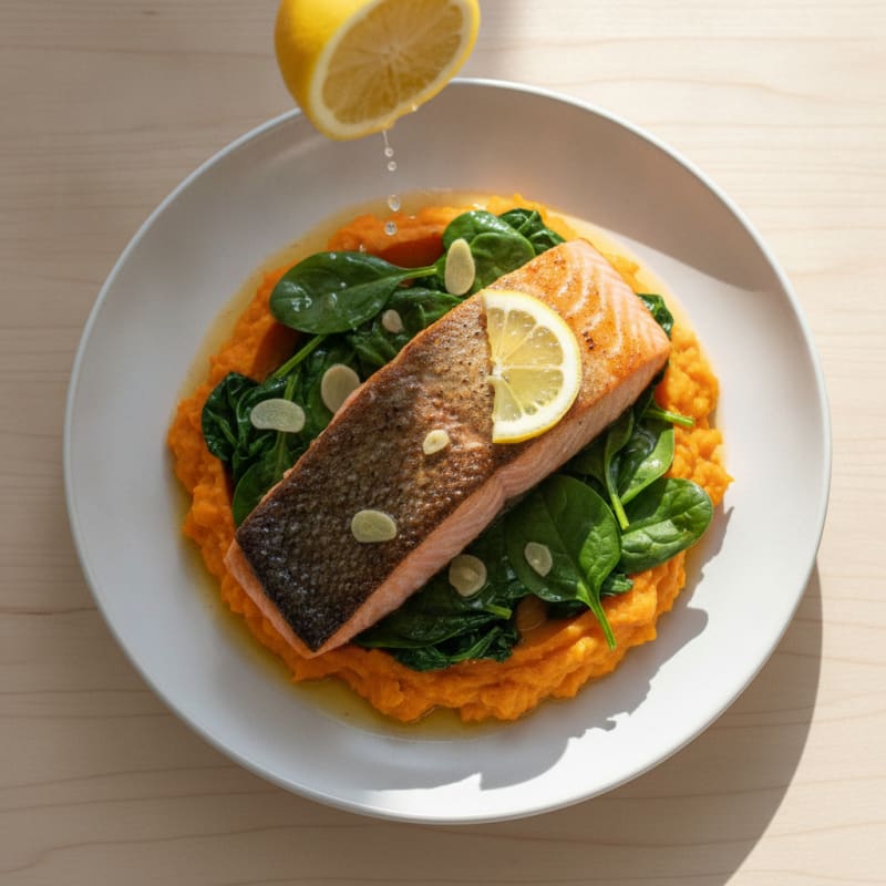 Seared Salmon Fillet with Garlic Sautéed Spinach and Sweet Potato Mash