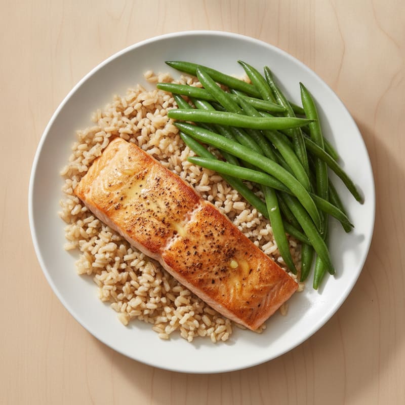 Seared Salmon with Steamed Green Beans and Brown Rice