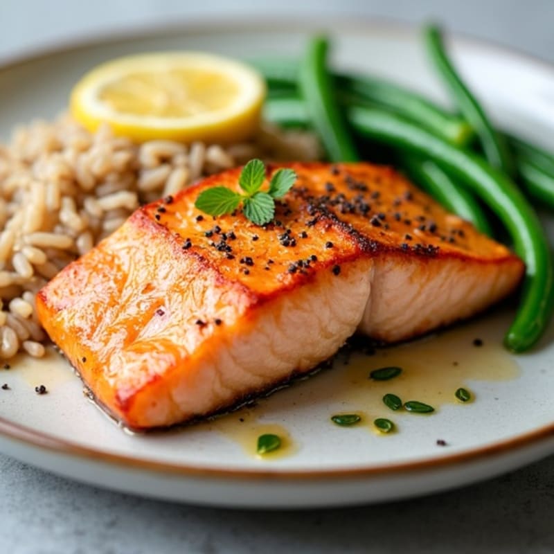 Seared Salmon Fillet with Steamed Green Beans and Brown Rice