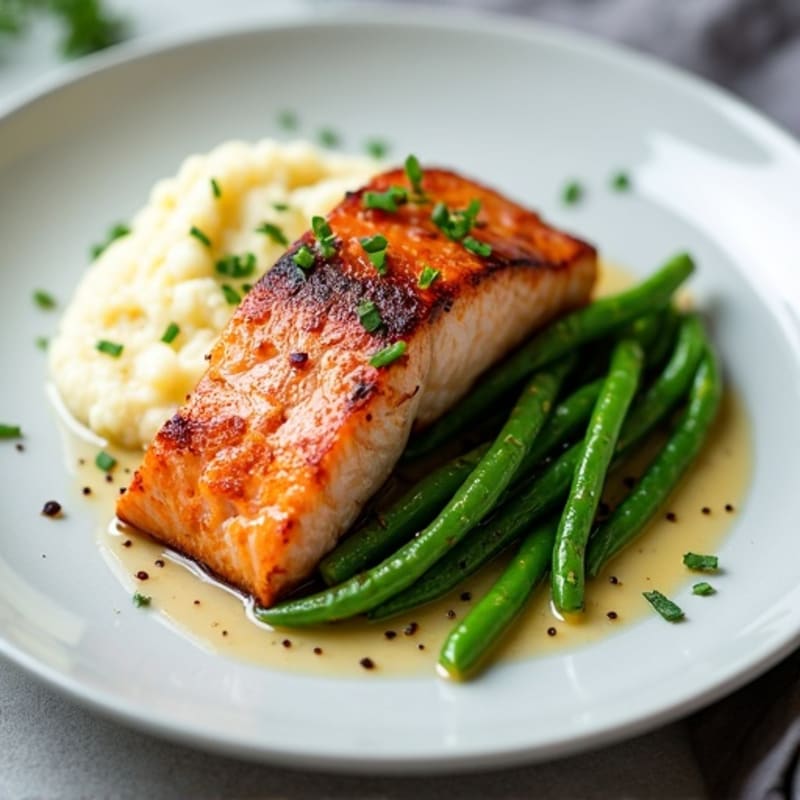 Seared Salmon with Garlic Green Beans and Cauliflower Mash