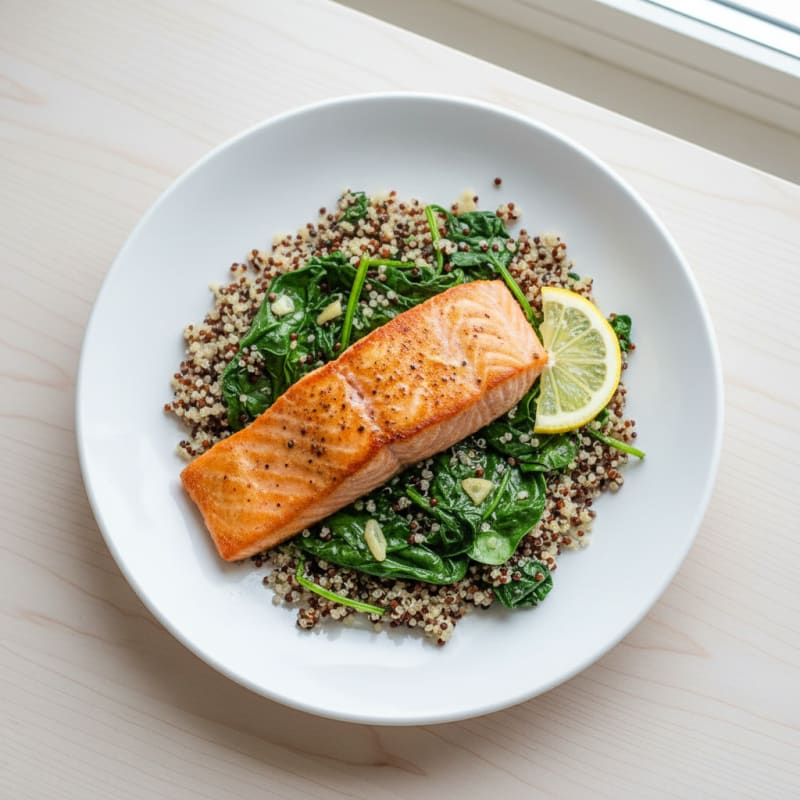 Seared Salmon Fillet with Garlic Sautéed Spinach and Quinoa
