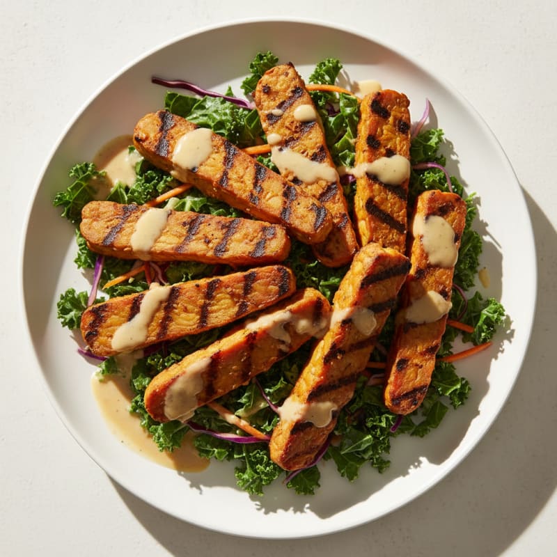 Grilled Tempeh with Crunchy Kale Slaw and Lemon Tahini Dressing