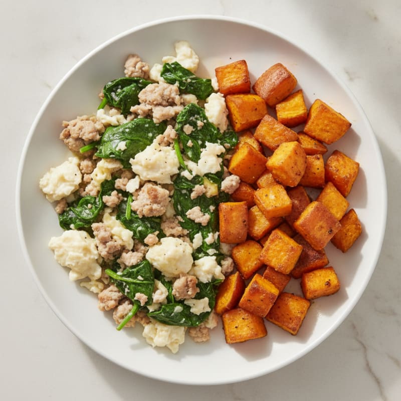 Egg White and Turkey Spinach Scramble with Roasted Sweet Potatoes